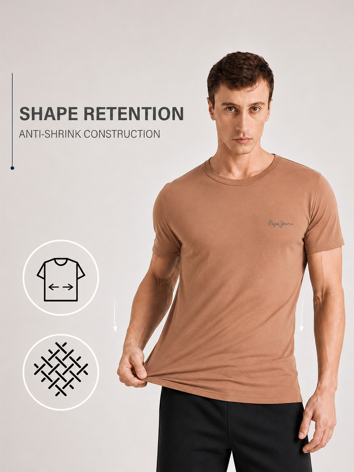 Image of Pepe Jeans Solid Men Round Neck Brown T-Shirt