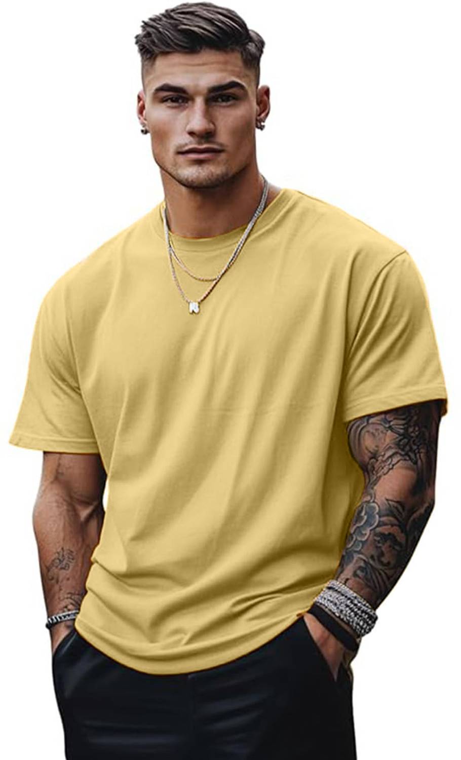 ALONE EAGLE Solid Men Round Neck Yellow T-Shirt