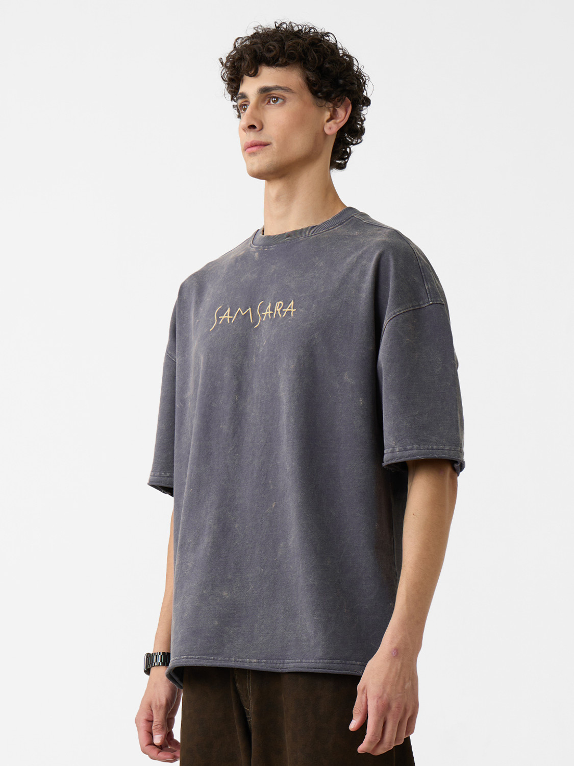 Image of The Souled Store Floral Print Men Round Neck Grey T-Shirt