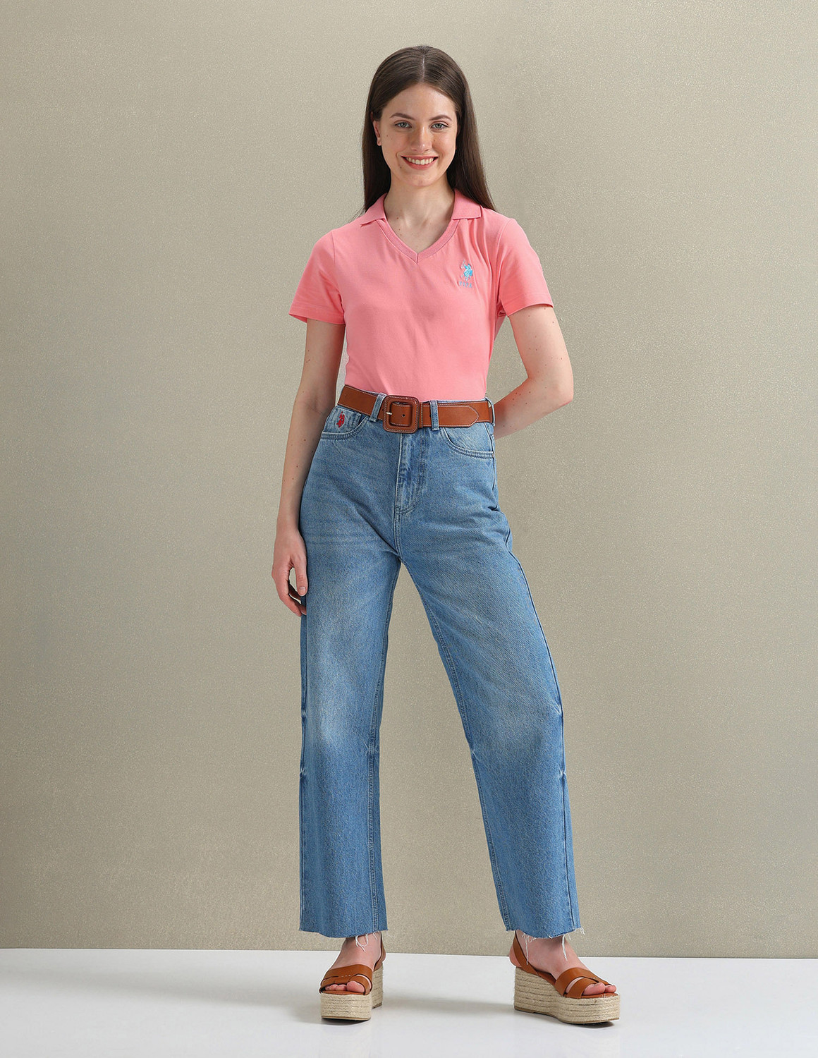 Image of U.S. POLO ASSN. Solid Women Polo Neck Pink T-Shirt