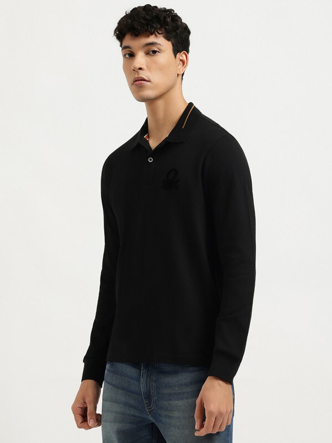 Image of United Colors of Benetton Printed Men Polo Neck Black T-Shirt