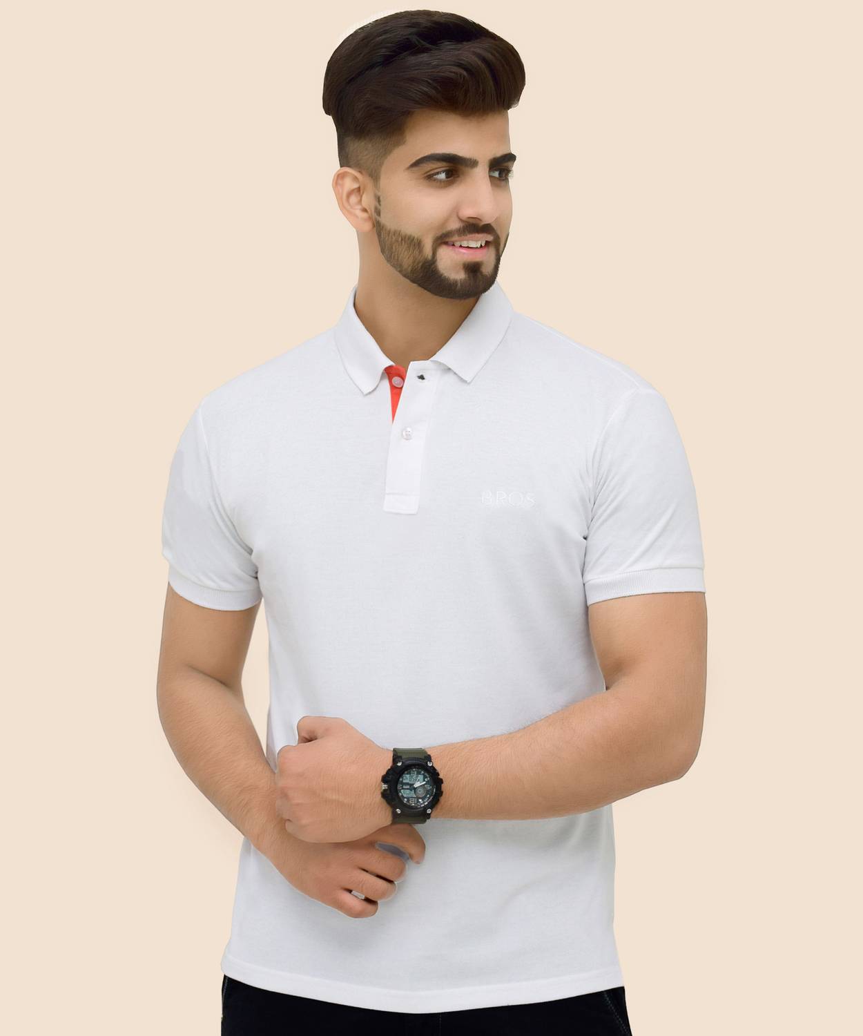 3BROS Men Solid Polo Neck Cotton Blend (220 gsm) White T-Shirt