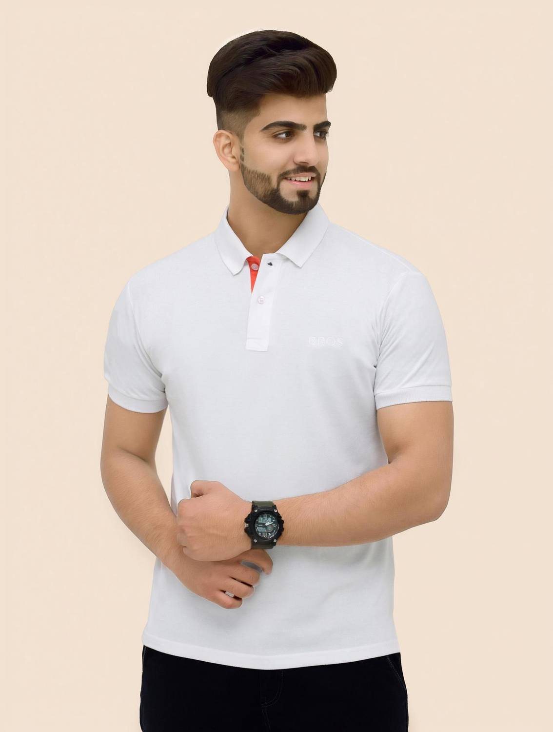 3BROS Solid Men Polo Neck White T-Shirt