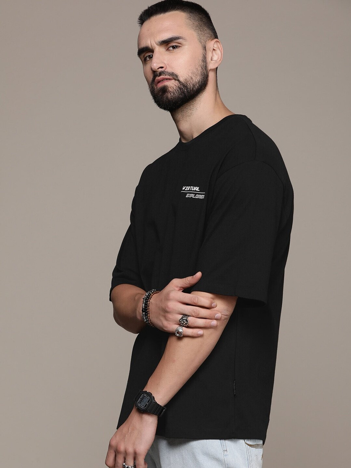 Image of Roadster Printed, Typography Men Round Neck Black T-Shirt