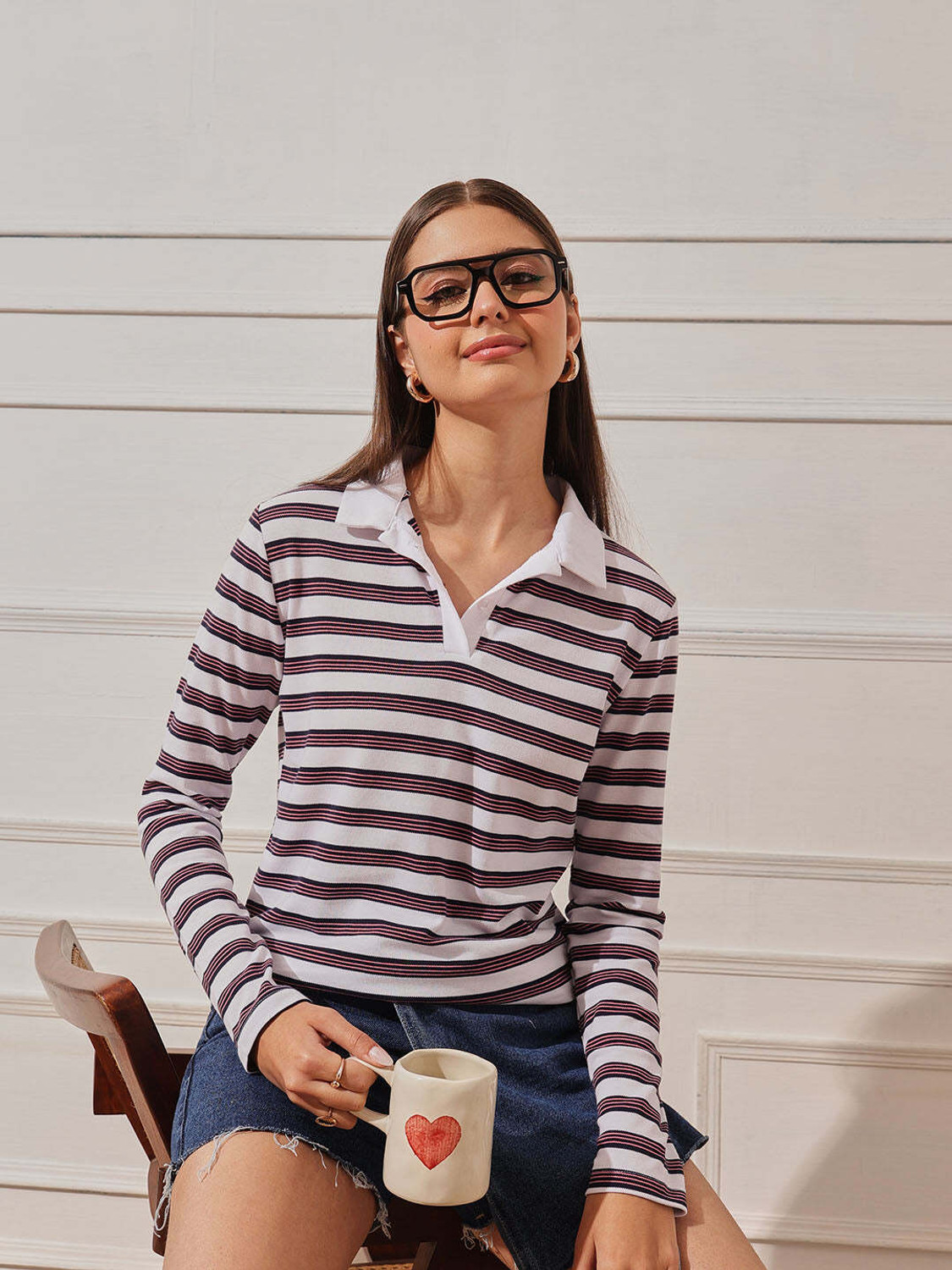 STREET9 Striped Women Polo Neck Multicolor T-Shirt