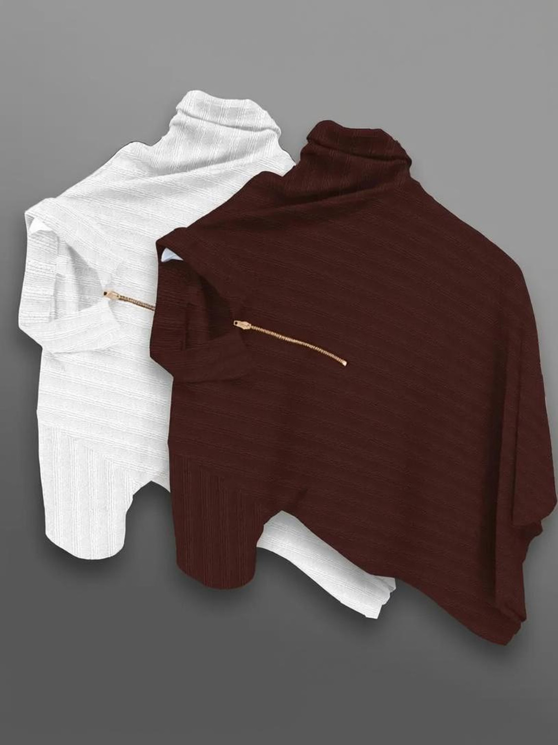 Image of KAJARU Self Design Men Zip Neck Brown, White T-Shirt
