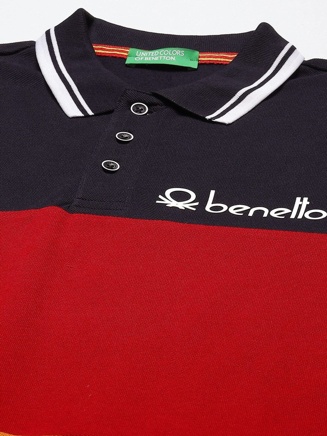 Image of United Colors of Benetton Striped Men Polo Neck Black, Red T-Shirt