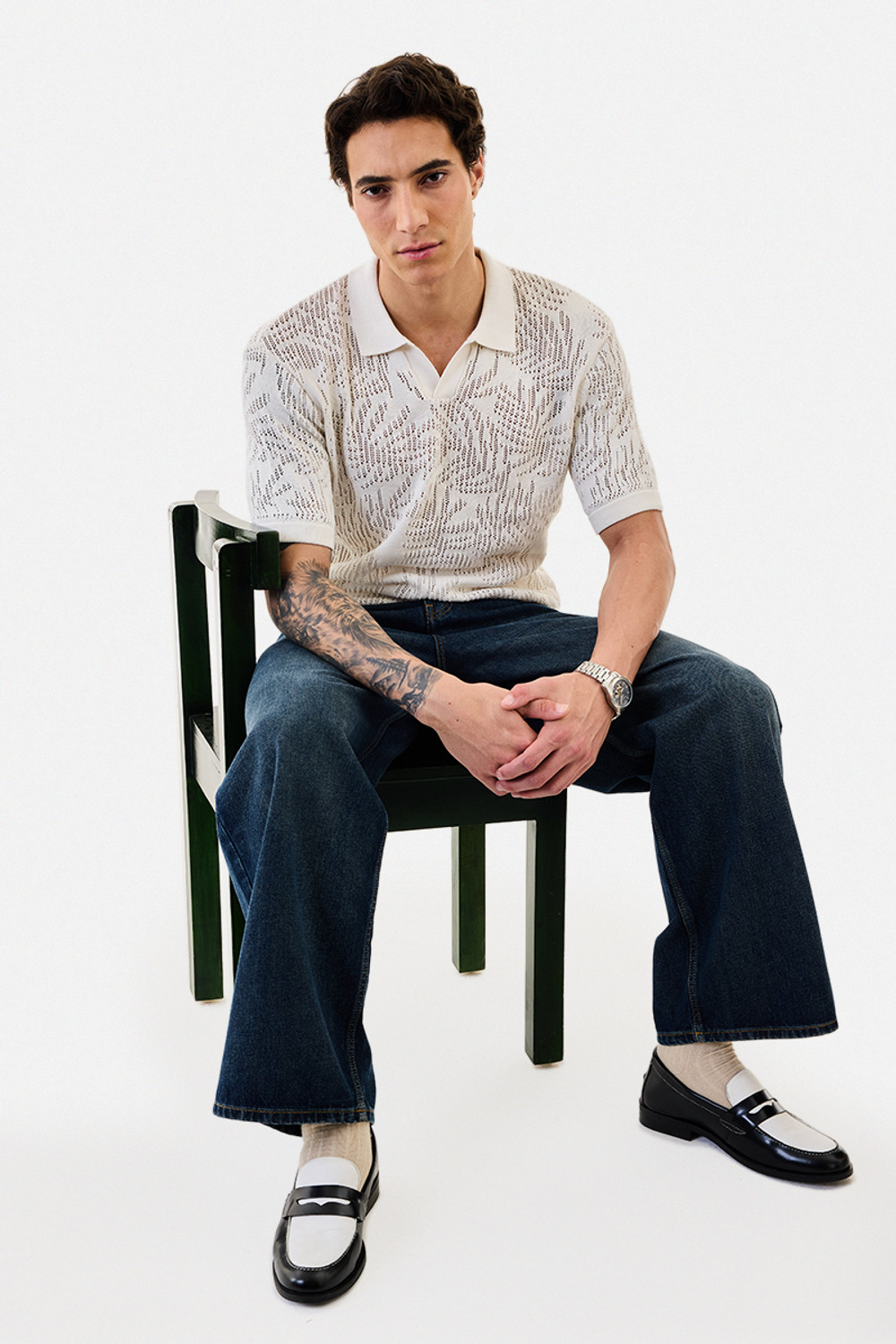 Image of Snitch Men Self Design Polo Neck Pure Cotton White T-Shirt