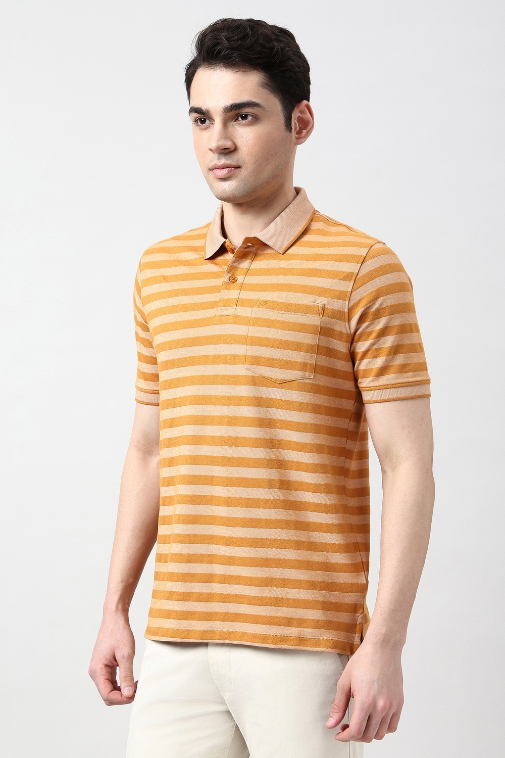 Image of PETER ENGLAND Striped Men Polo Neck Orange T-Shirt