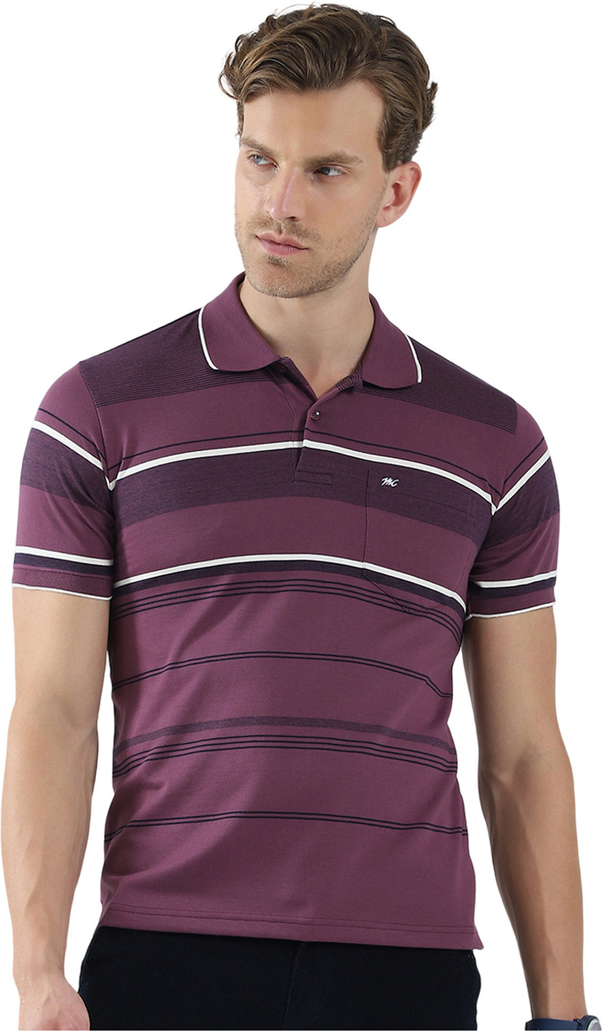 Image of MONTE CARLO Striped Men Polo Neck Purple T-Shirt