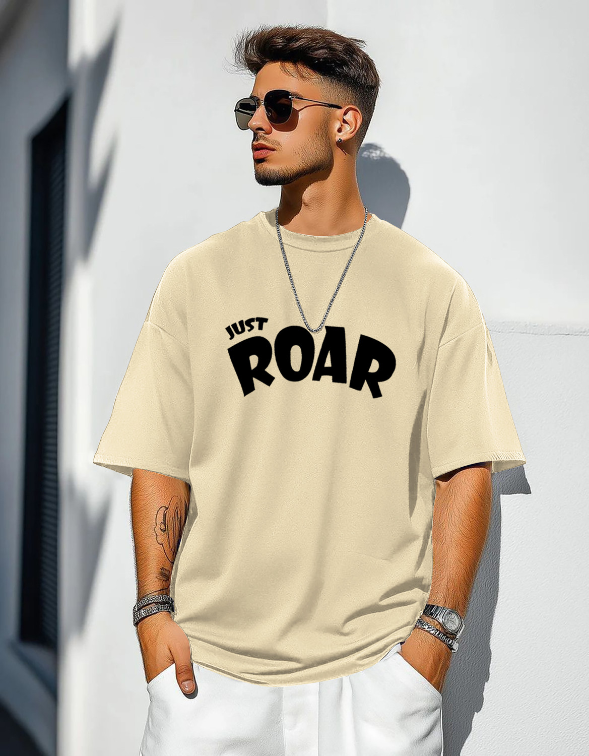 Image of LGR FASHION Men Typography Round Neck Cotton Blend Beige T-Shirt