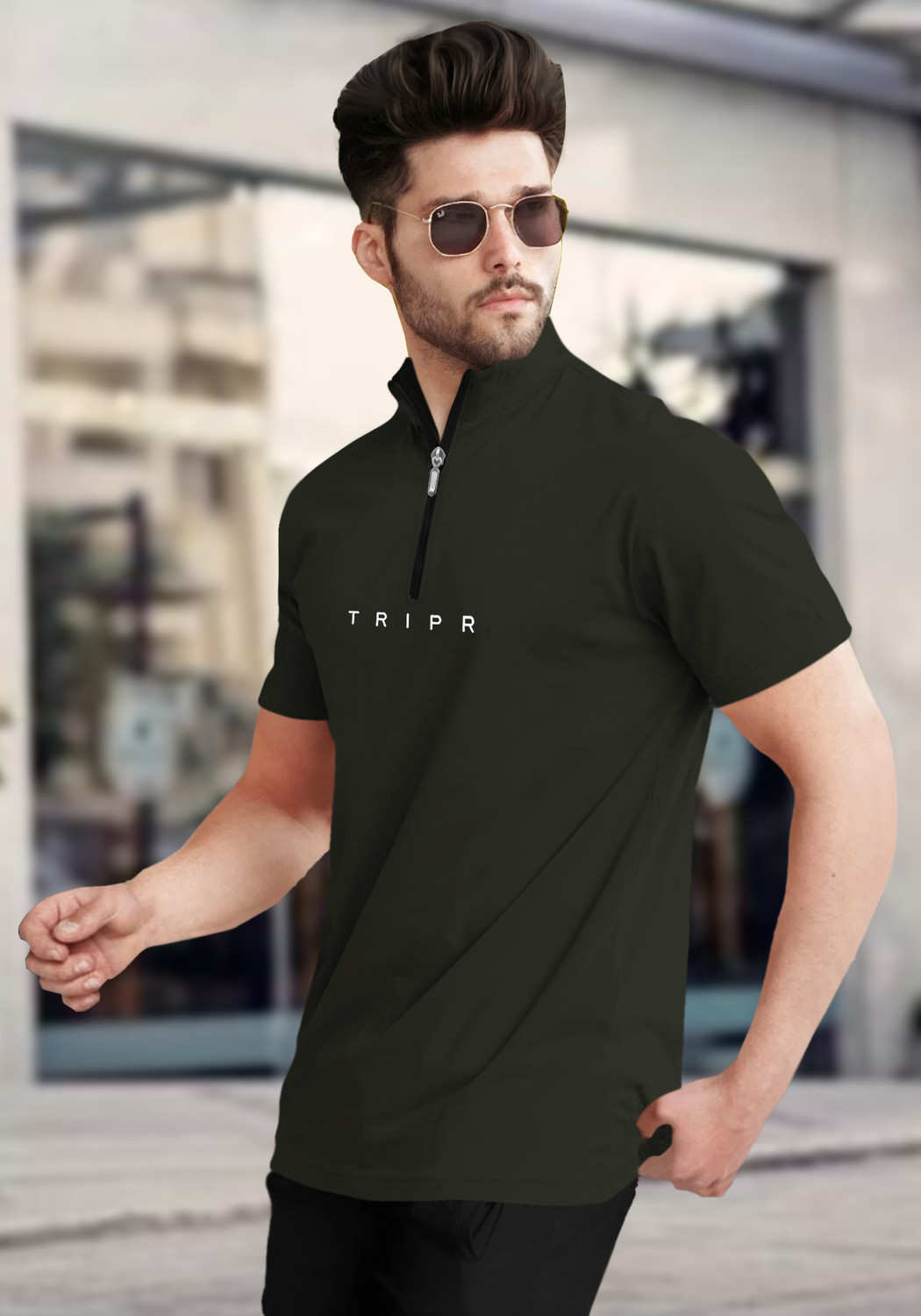 Image of TRIPR Solid Men Mandarin Collar Dark Green T-Shirt