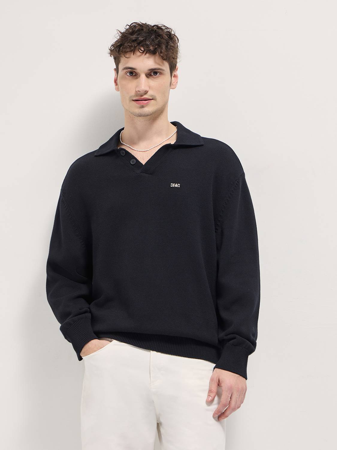 THE BEAR HOUSE Men Solid Polo Neck Pure Cotton Black T-Shirt
