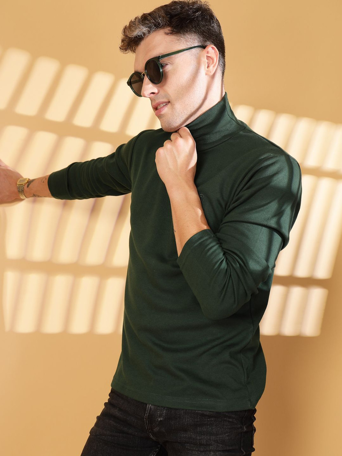 Image of CHKOKKO Solid Men High Neck Green T-Shirt