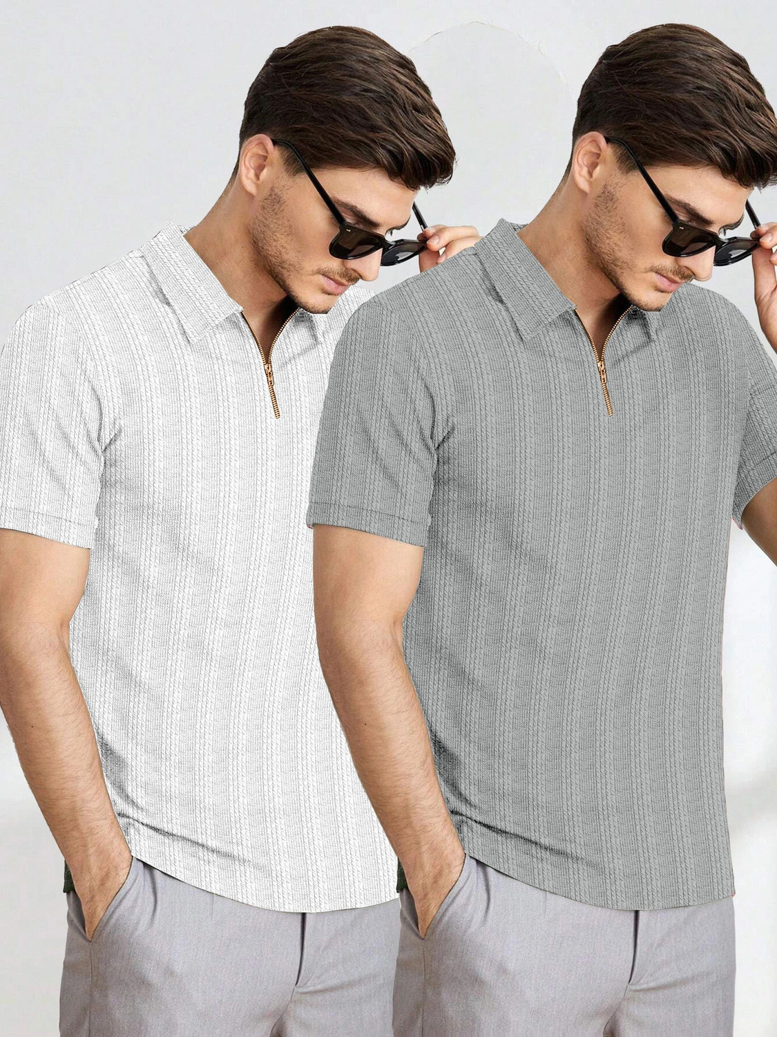 Image of COMBRAIDED Striped Men Zip Neck Light Green T-Shirt