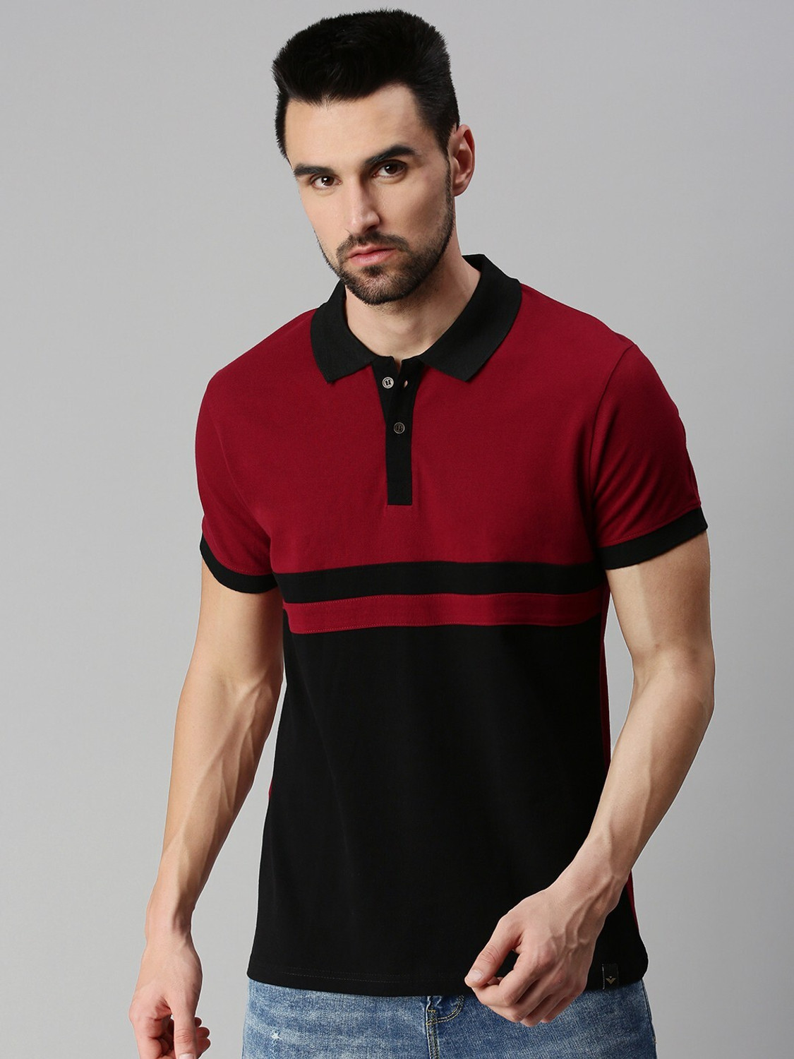 Image of Veirdo Striped Men Polo Neck Maroon T-Shirt