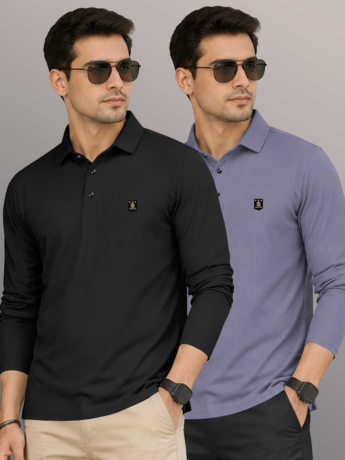 Image of VeBNoR Self Design Men Polo Neck Black, Grey T-Shirt