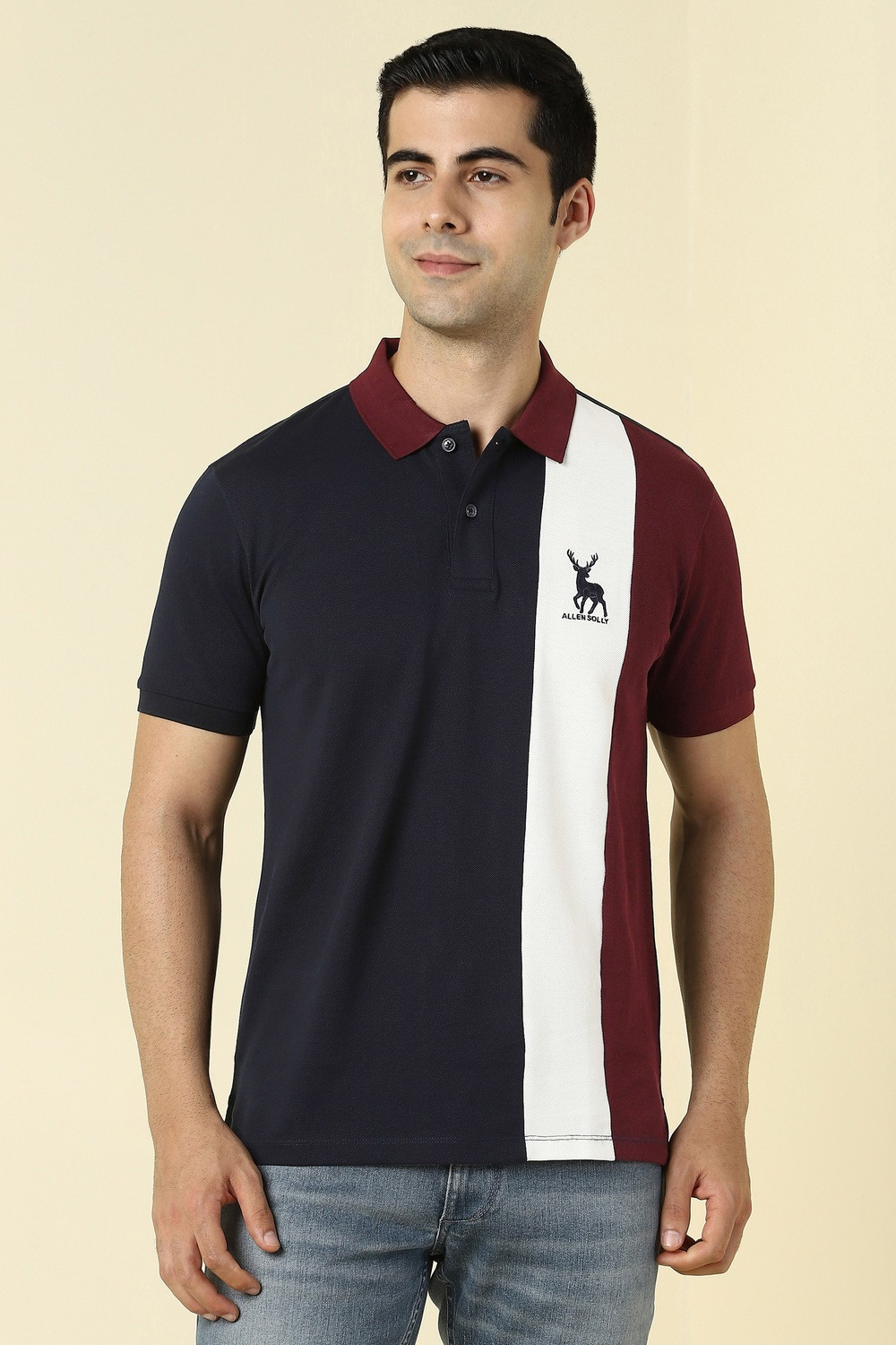 Image of Allen Solly Colorblock Men Polo Neck Dark Blue T-Shirt