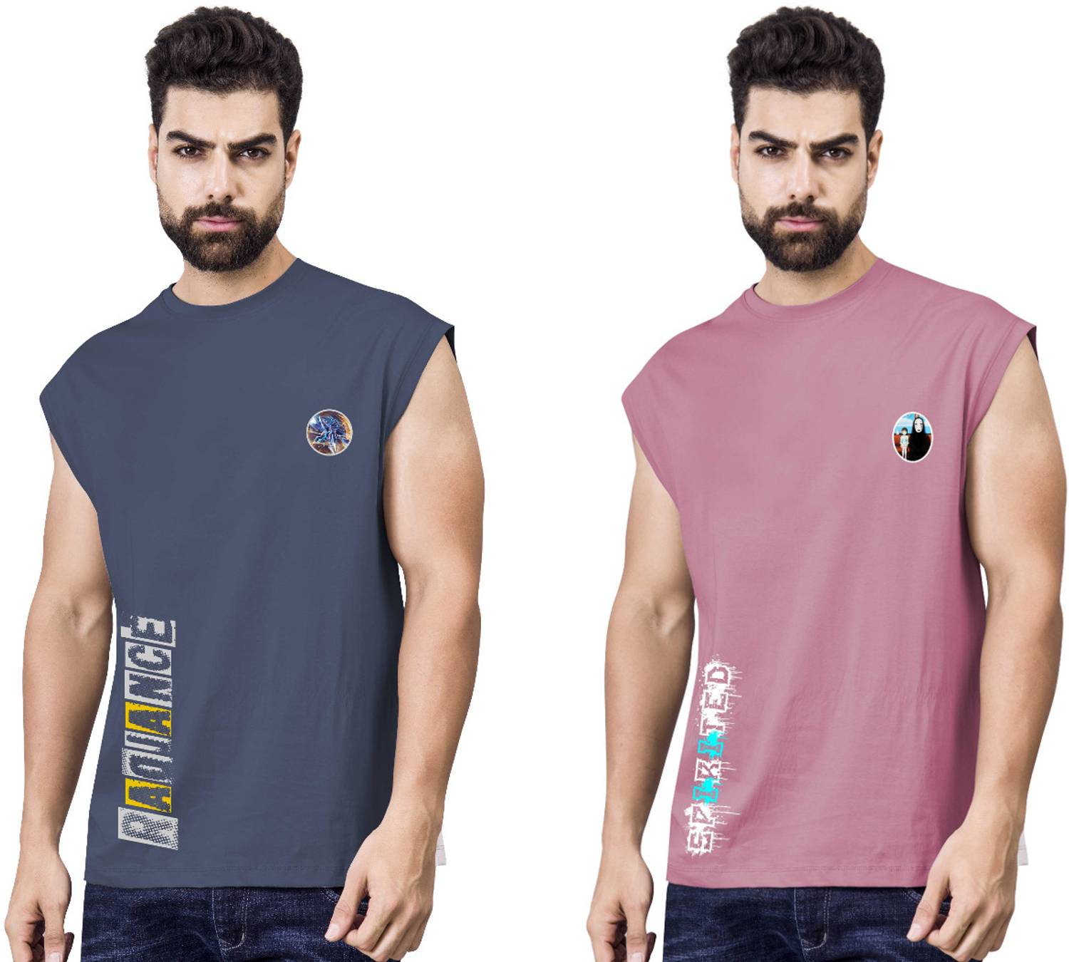 I&D Pack of 2 Men Graphic Print Round Neck Pure Cotton Multicolor