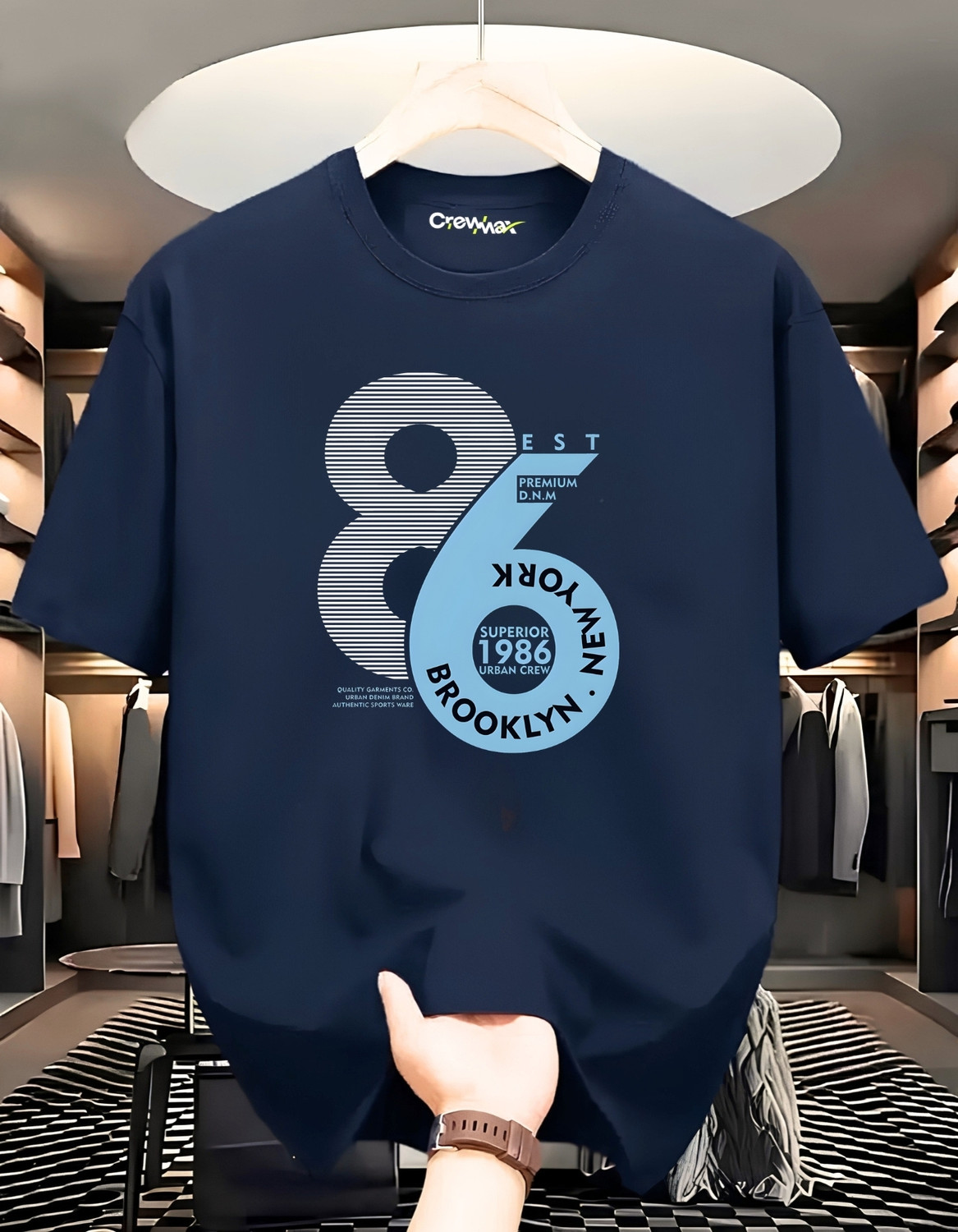 Image of crewmax Printed Men Round Neck Navy Blue T-Shirt