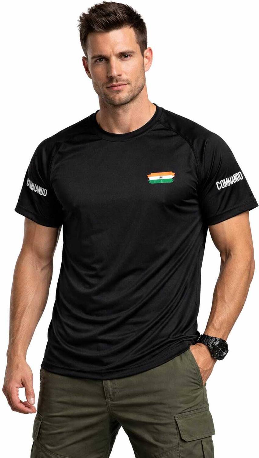 CAMOTAGE Solid Men Round Neck Black T-Shirt