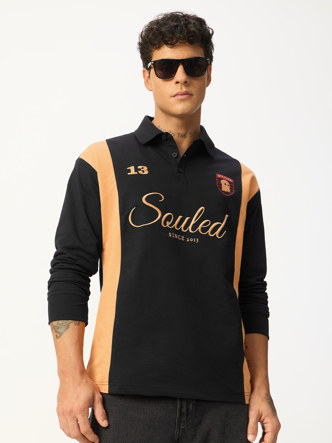 Image of The Souled Store Colorblock Men Polo Neck Black T-Shirt