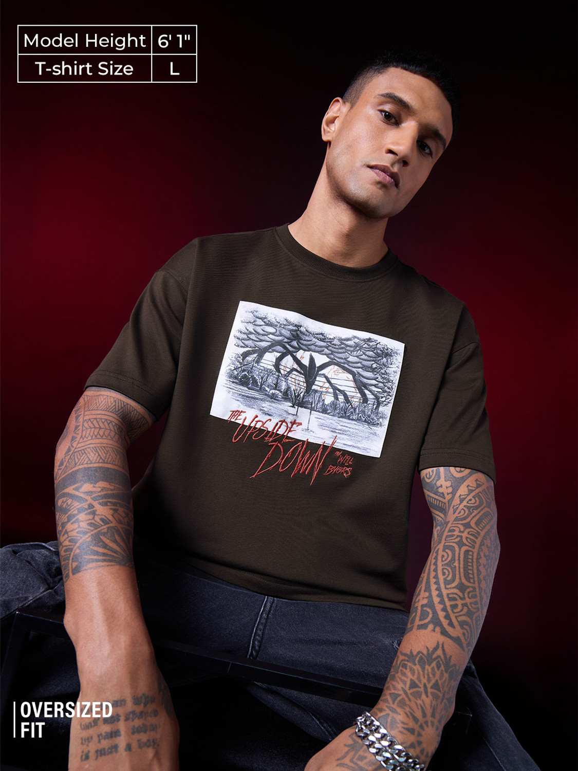 Image of The Souled Store Men Embroidered Round Neck Pure Cotton Brown T-Shirt