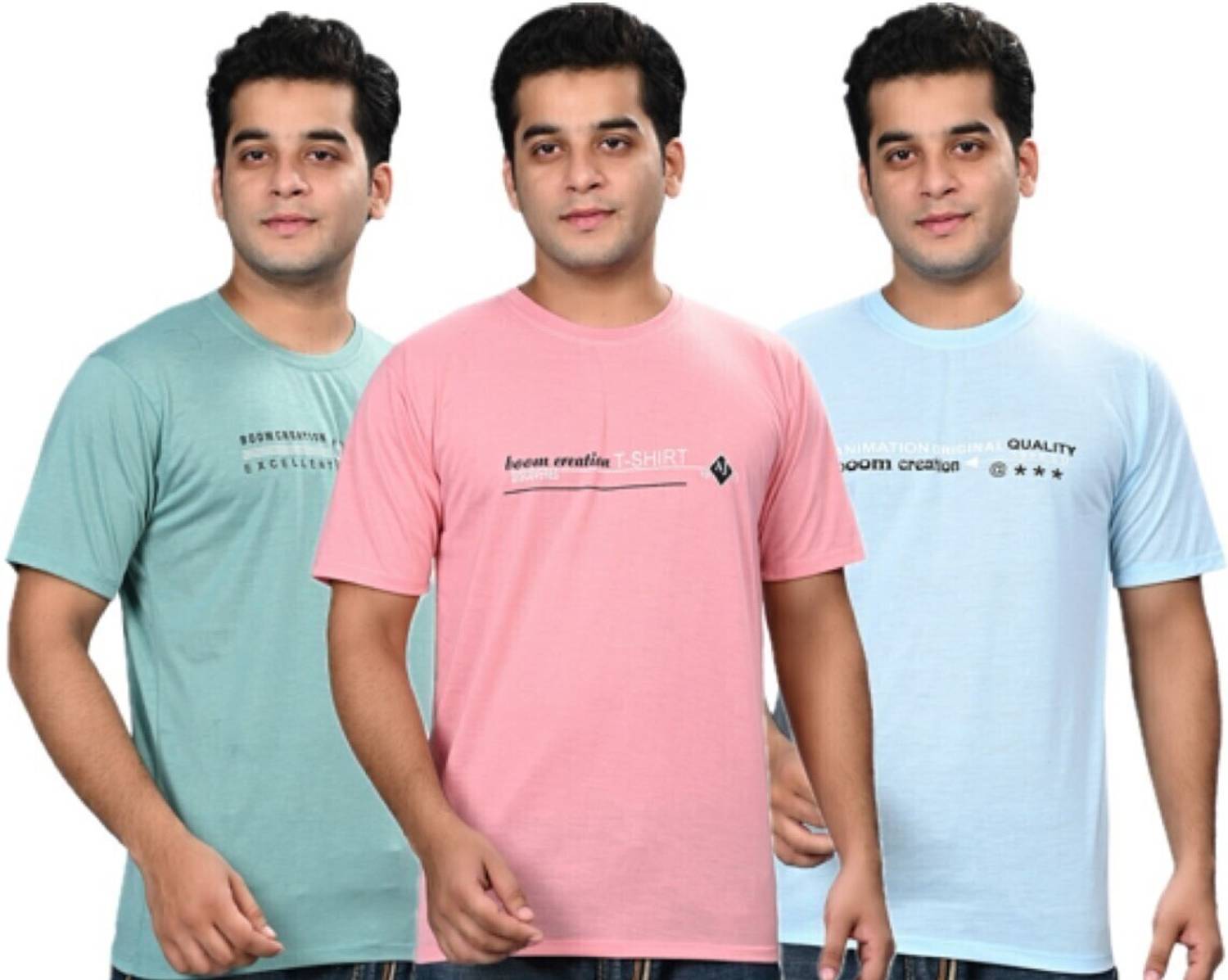 KLK Pack of 3 Men Self Design Round Neck Cotton Blend Blue T-Shir