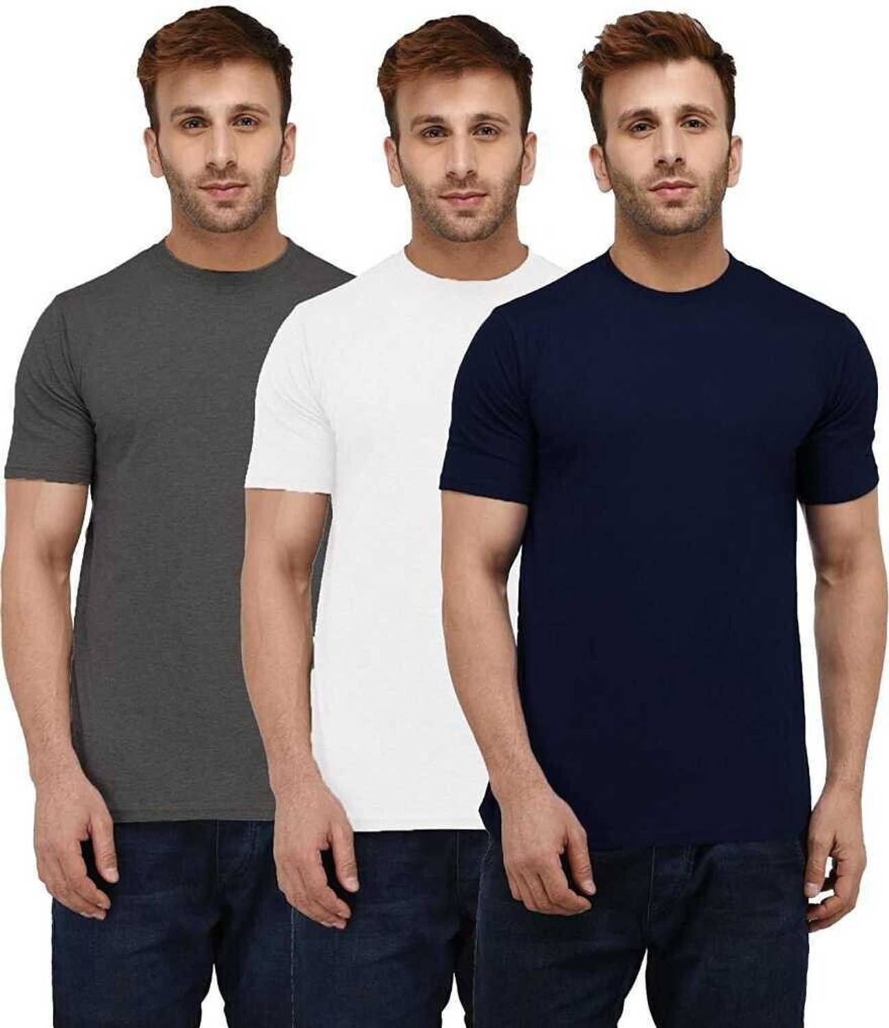 INKKR Pack of 3 Men Solid Round Neck Cotton Blend Multicolor T-Sh
