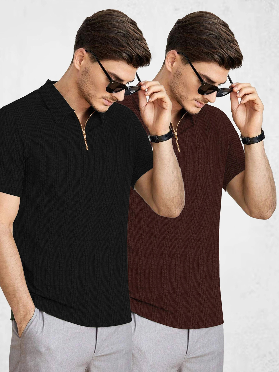 Image of COMBRAIDED Striped Men Zip Neck Brown, Black T-Shirt