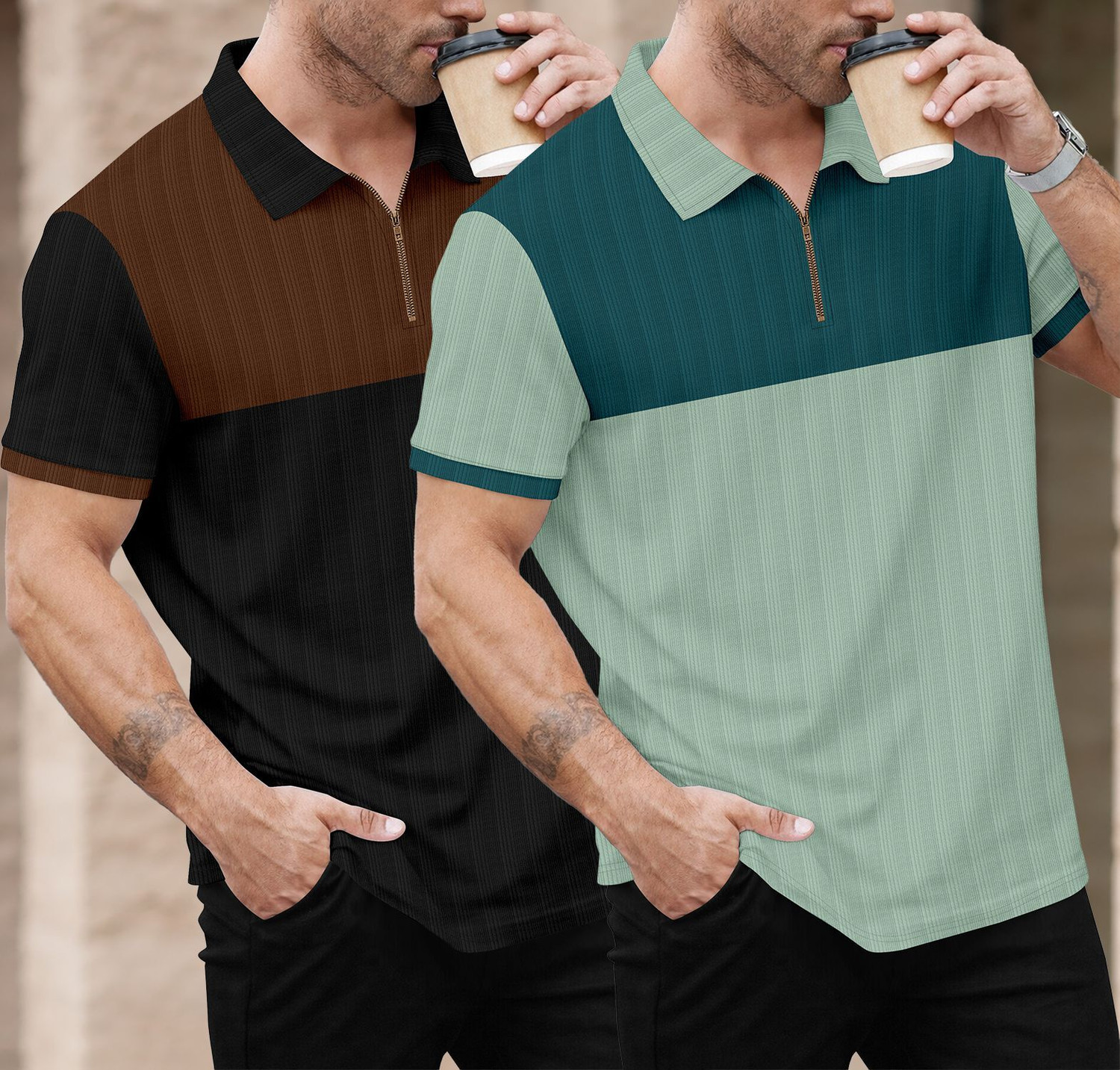 Image of KAJARU Colorblock Men Polo Neck Brown, Black, Dark Green, Green T-Shirt