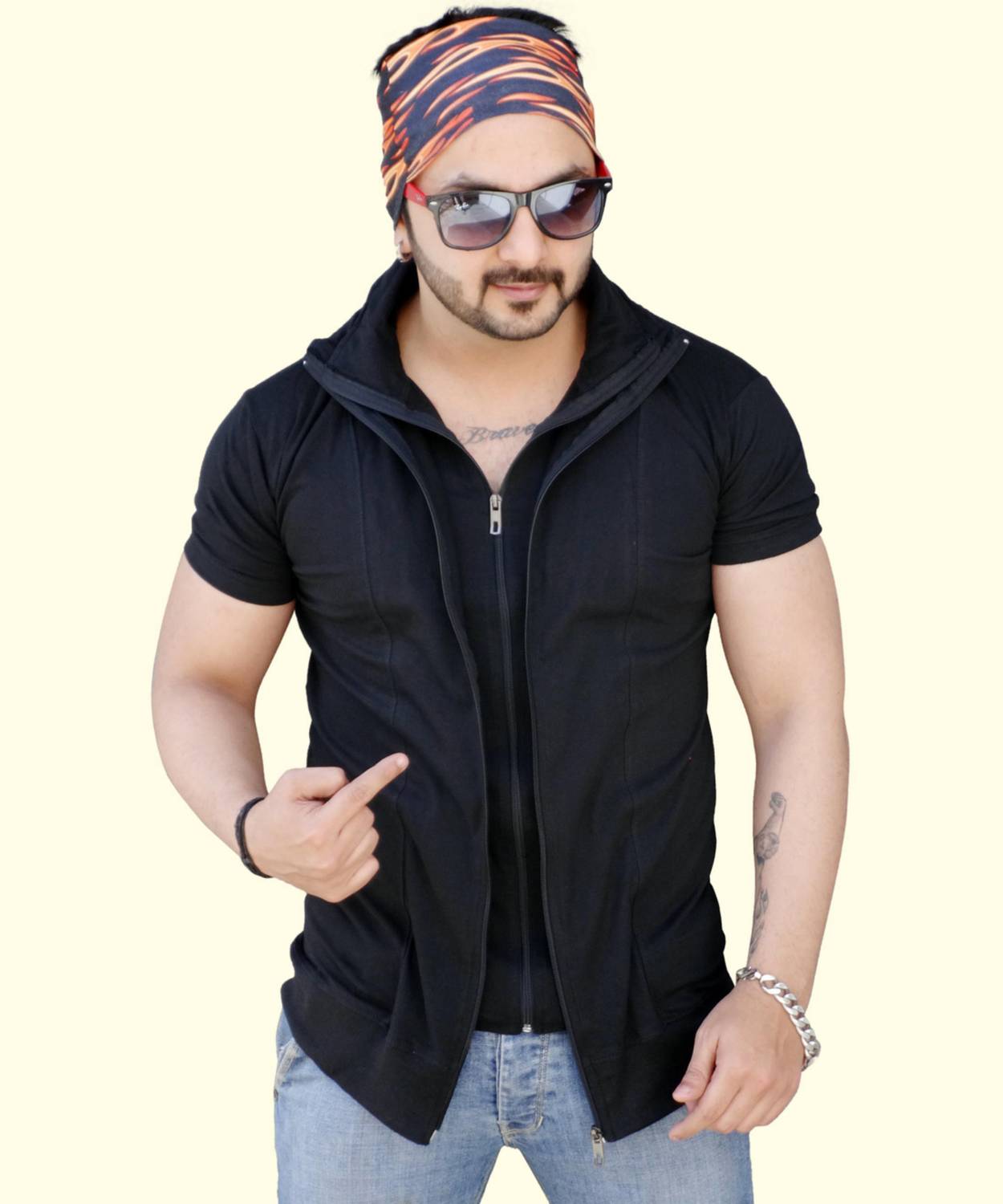 Black Collection Men Solid Zip Neck Cotton Blend Black T-Shirt