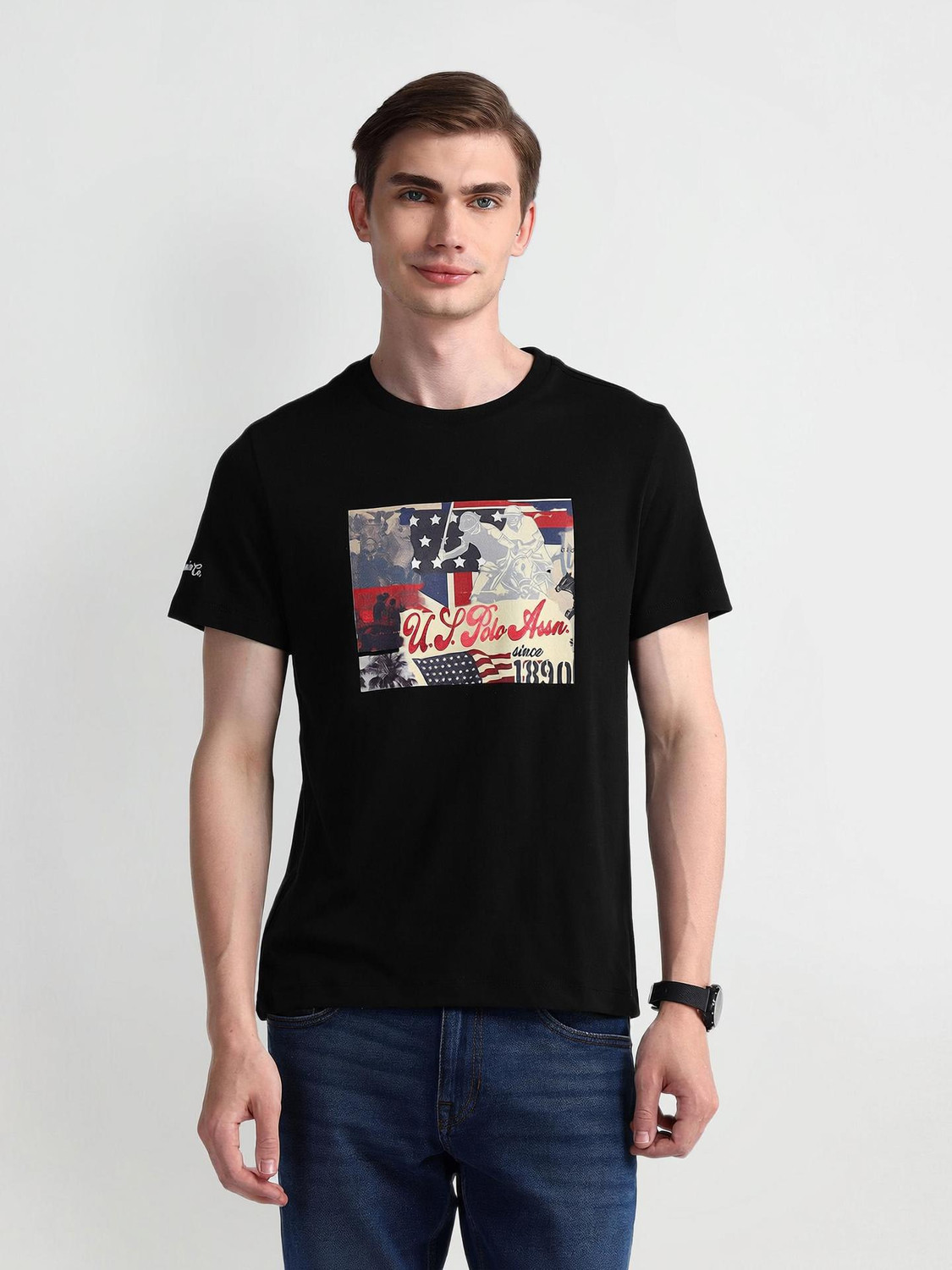 Image of U.S. POLO ASSN. Graphic Print Men Round Neck Black T-Shirt