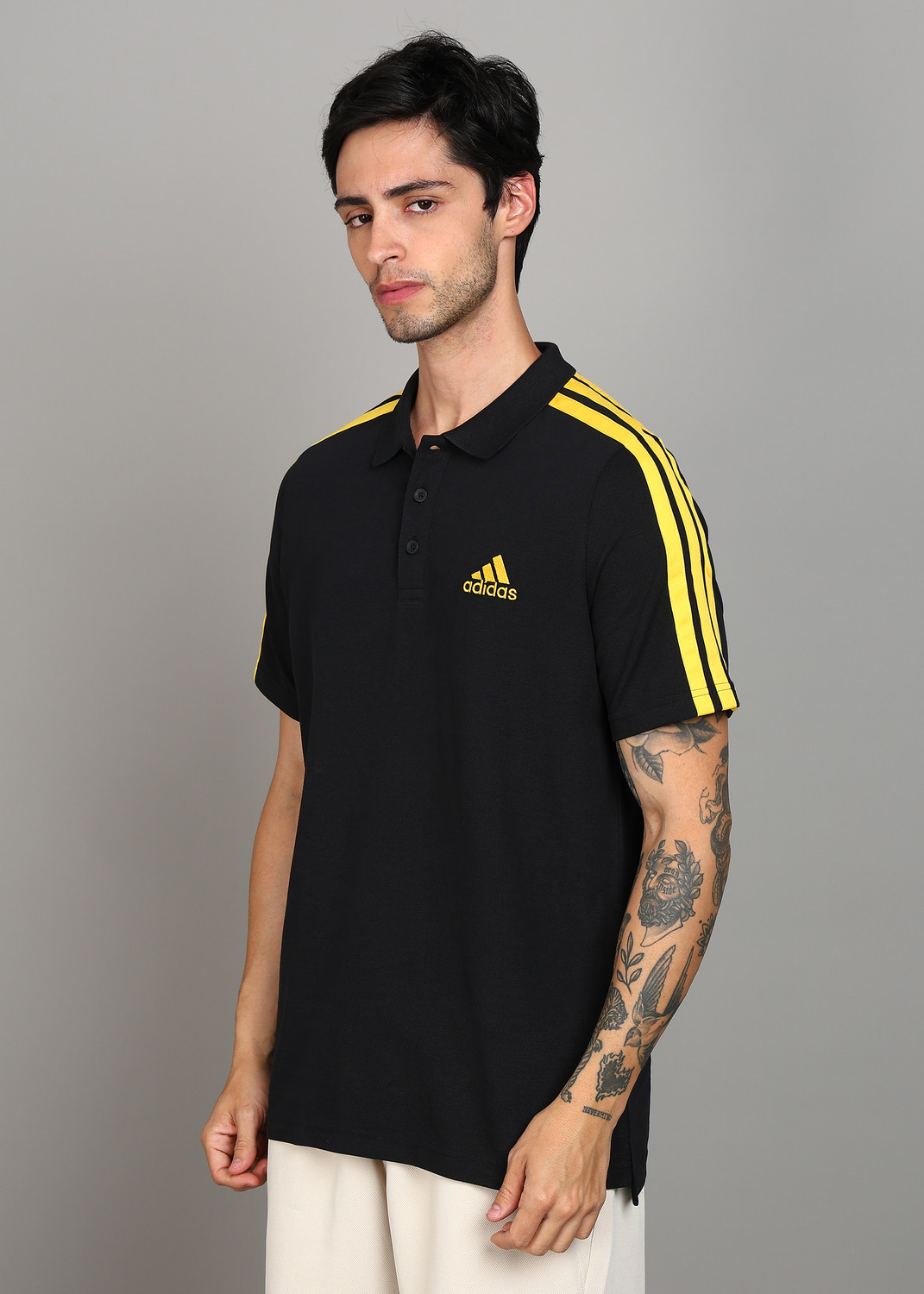 Image of ADIDAS Solid Men Polo Neck Black T-Shirt