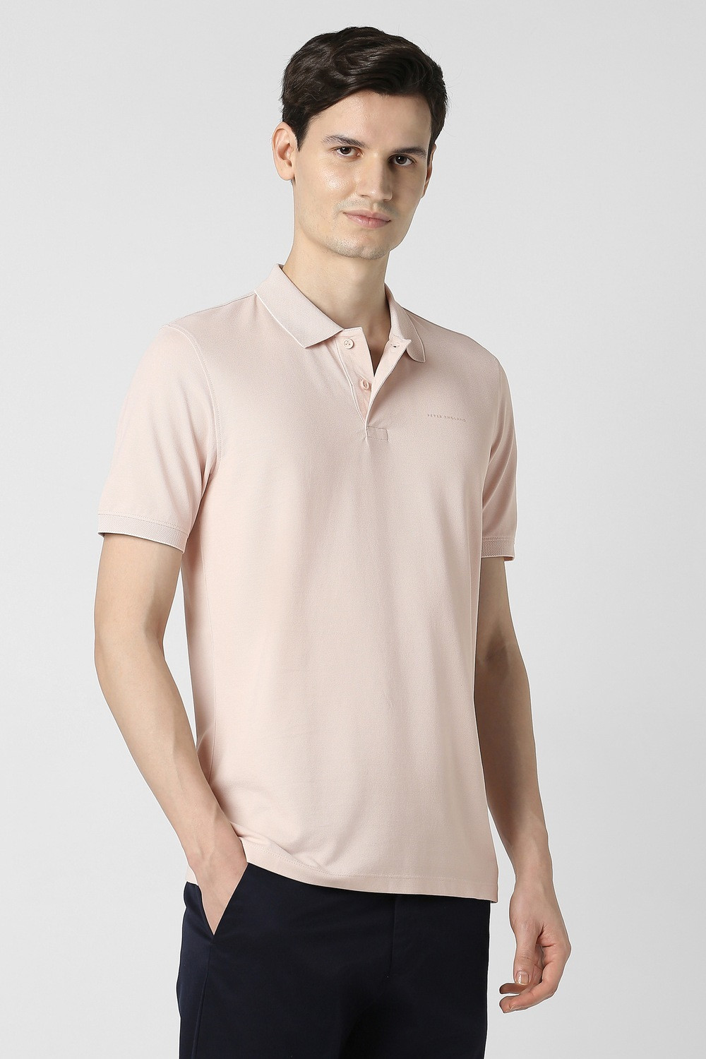 Image of PETER ENGLAND Men Solid Polo Neck Polycotton Pink T-Shirt