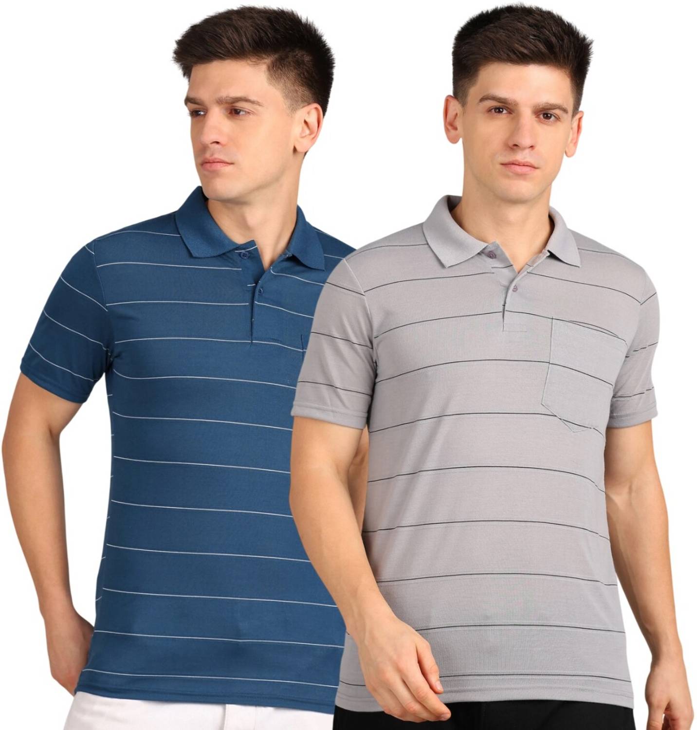 INKKR Pack of 2 Men Striped Polo Neck Cotton Blend Multicolor T-S