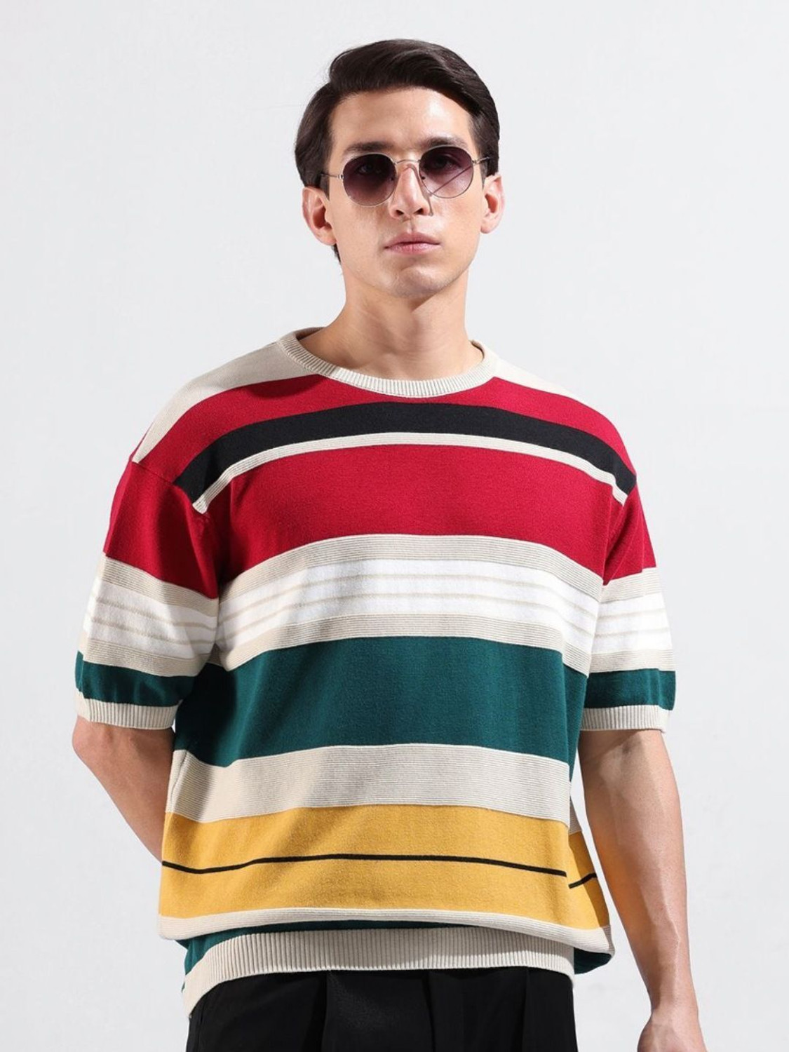 Image of The Indian Garage Co. Striped Men Crew Neck Multicolor T-Shirt