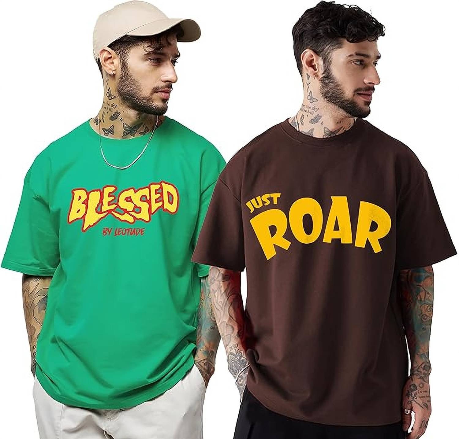 Leotude Pack of 2 Men Printed Round Neck Cotton Blend Green, Brow