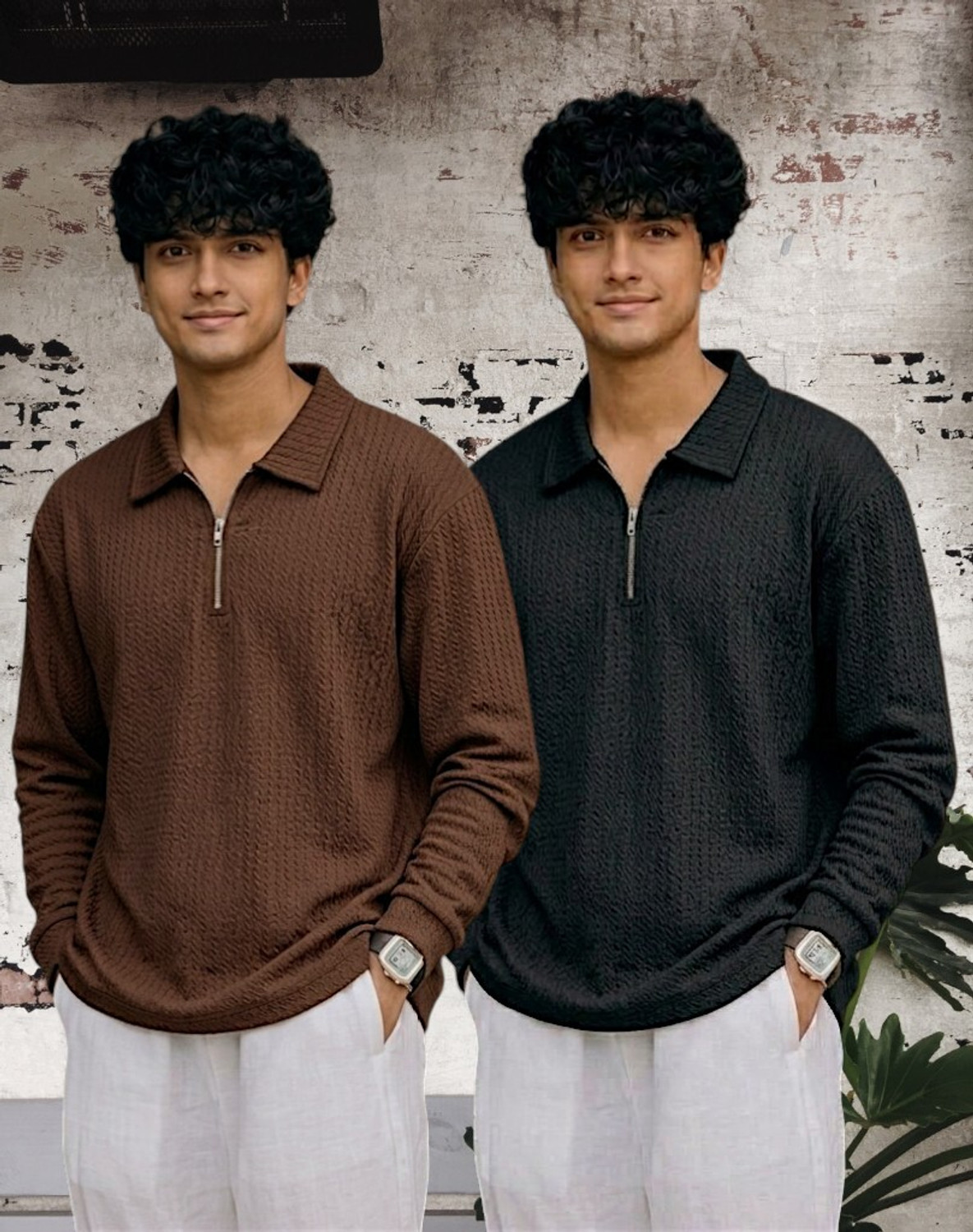 Image of ADIXUS Self Design Men Zip Neck Brown, Black T-Shirt