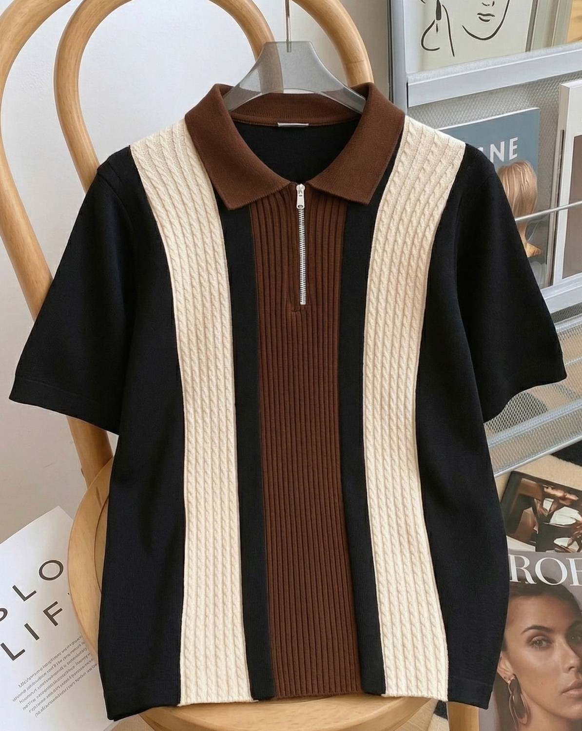 Image of AOOSH Striped Men Polo Neck Multicolor T-Shirt