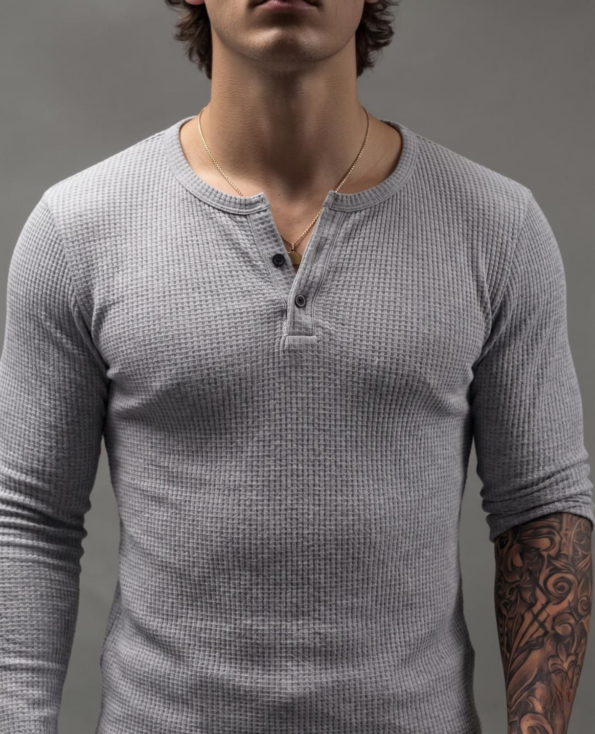 Image of Muskan Creation Self Design Men Henley Neck Grey T-Shirt