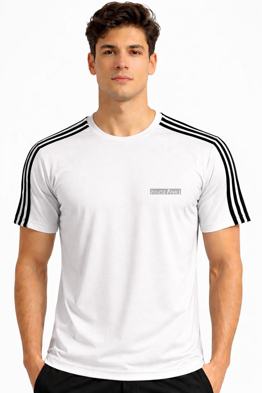 Image of Pochanki Striped Men Round Neck White T-Shirt