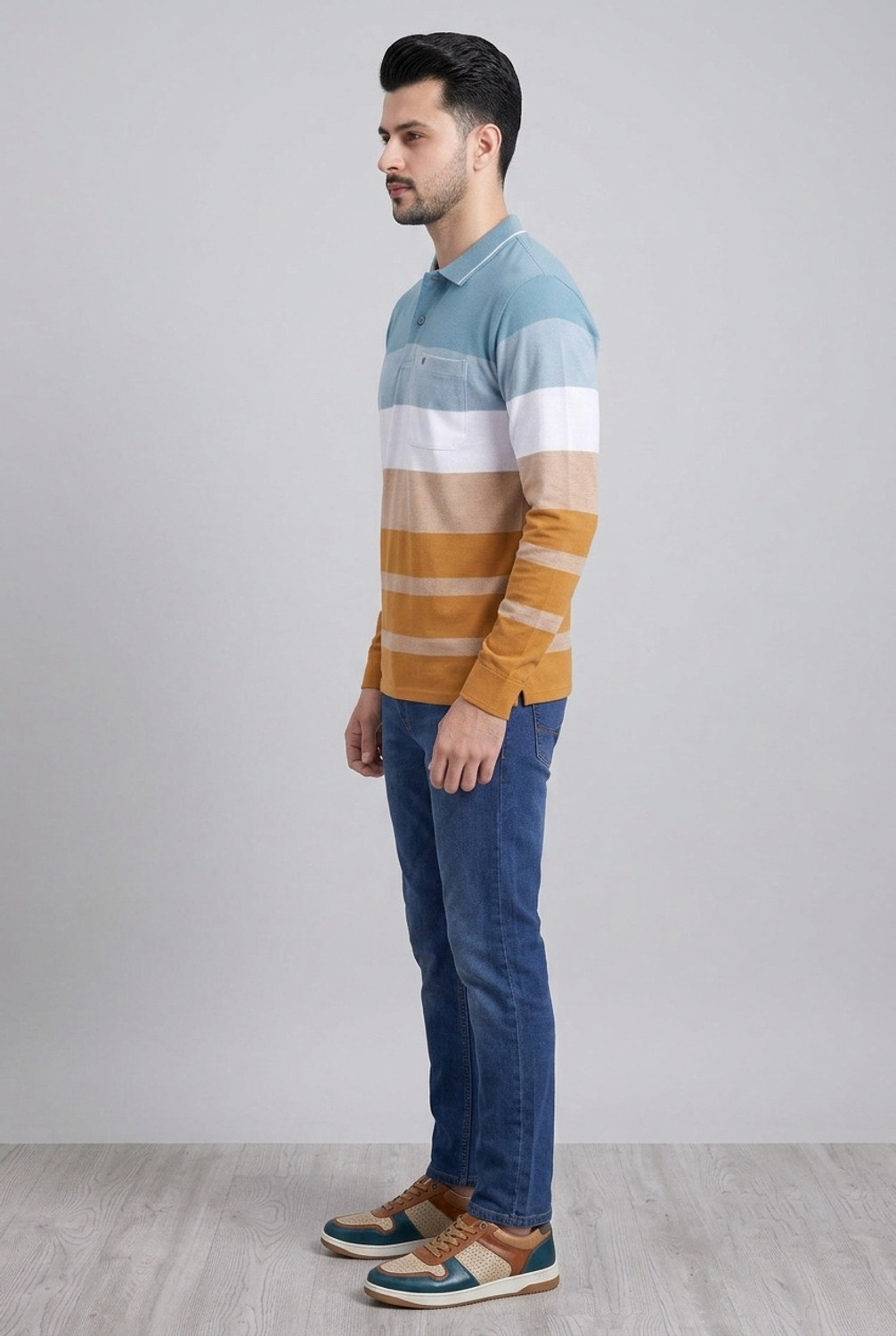 Image of PRORIDERS Men Striped Polo Neck Cotton Blend Green T-Shirt