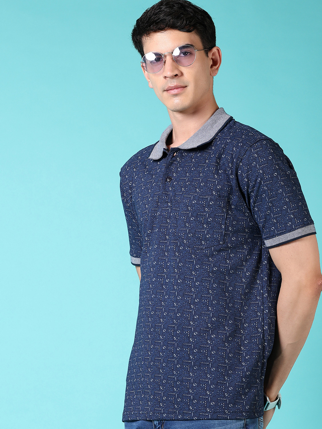 Image of V-MART Printed Men Polo Neck Blue T-Shirt