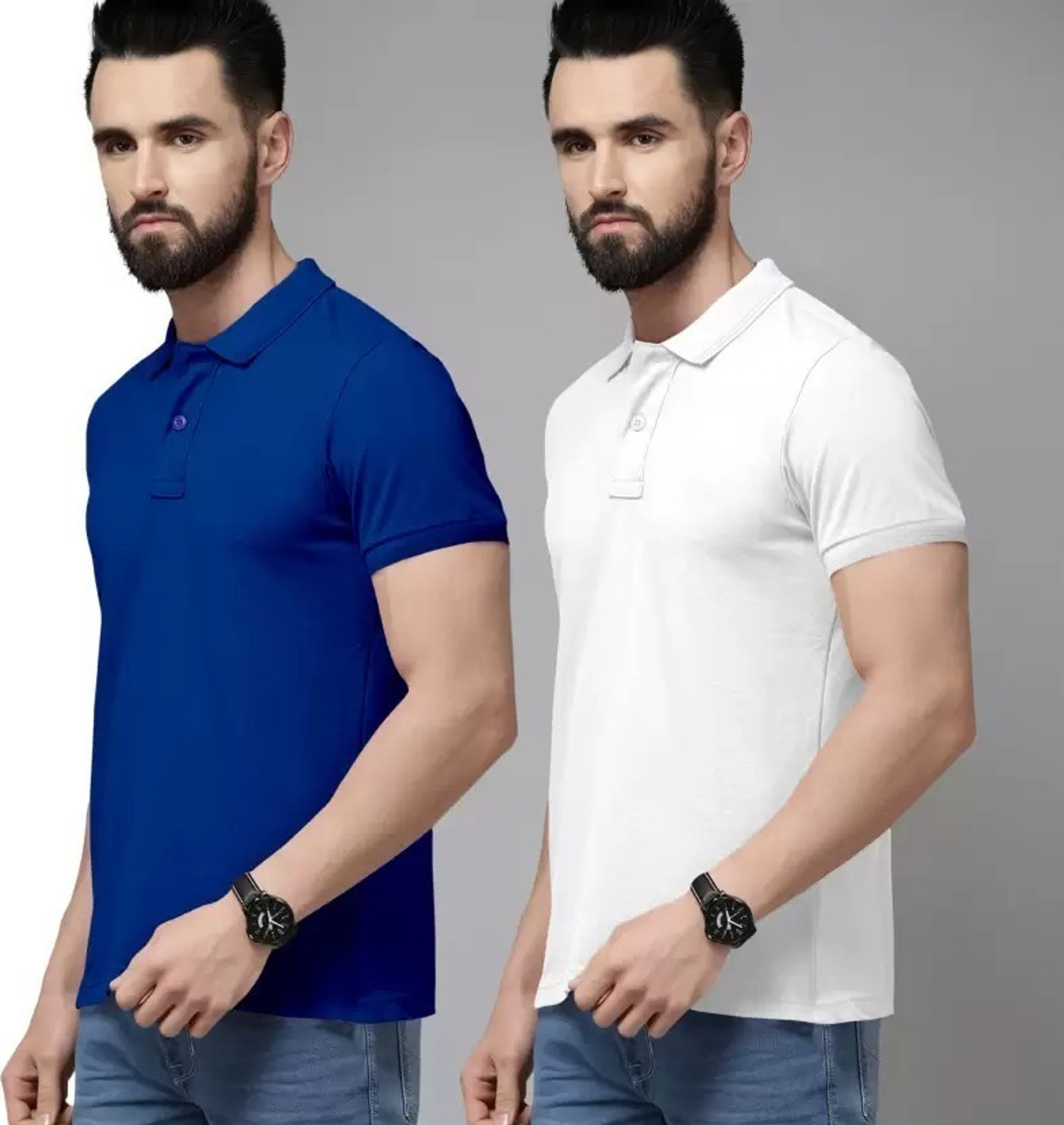 Image of balker merka Solid Men Polo Neck Dark Blue, White T-Shirt