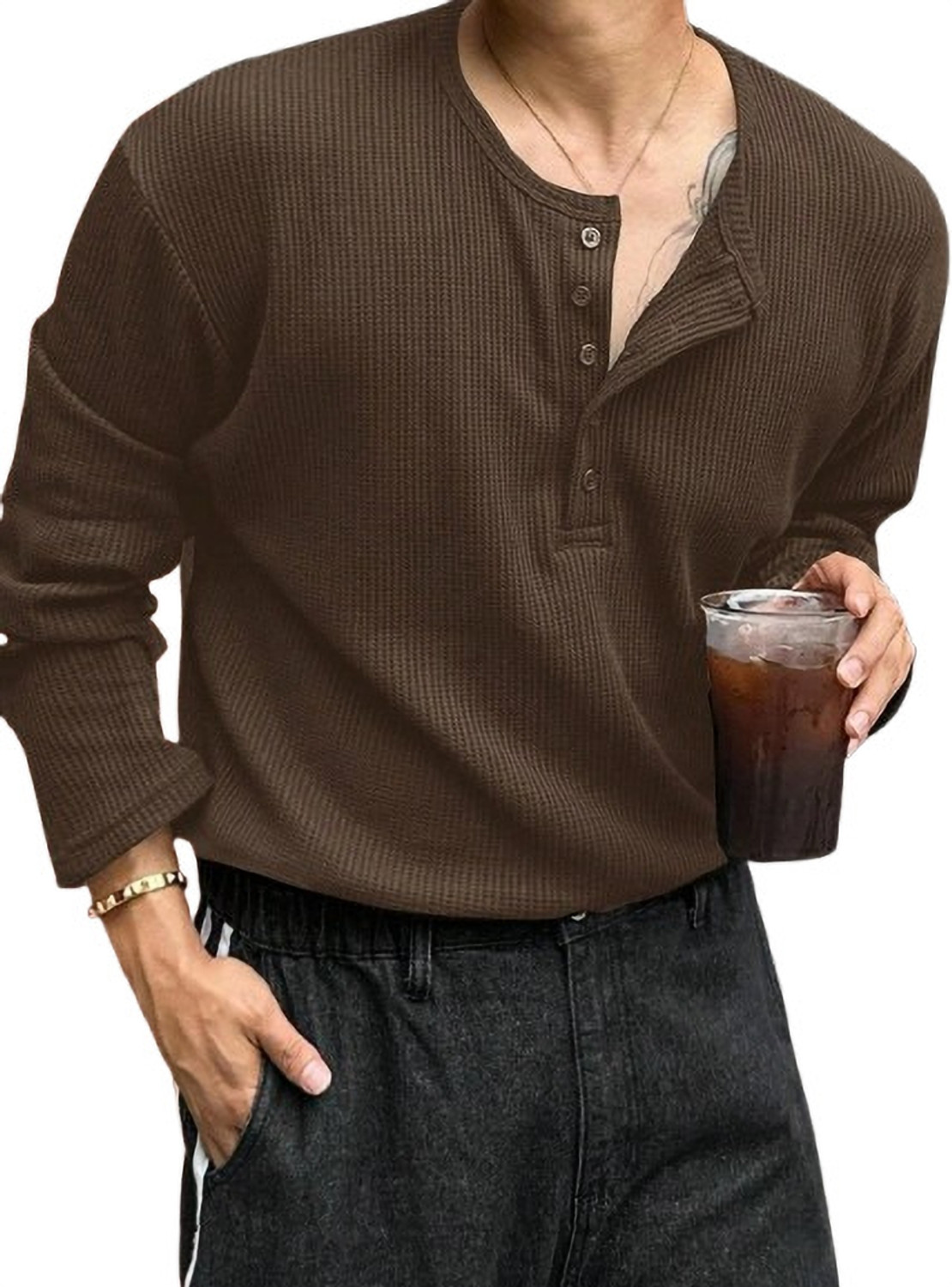 Image of The Modern Soul Solid Men Henley Neck Brown T-Shirt