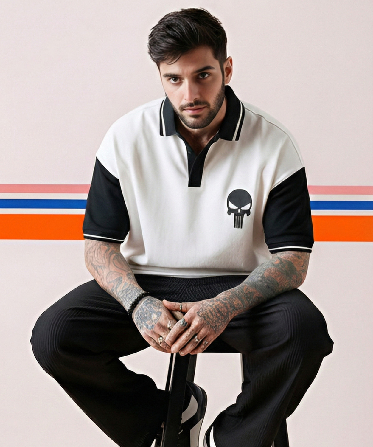 Image of METRONAUT Graphic Print Men Polo Neck White, Black T-Shirt