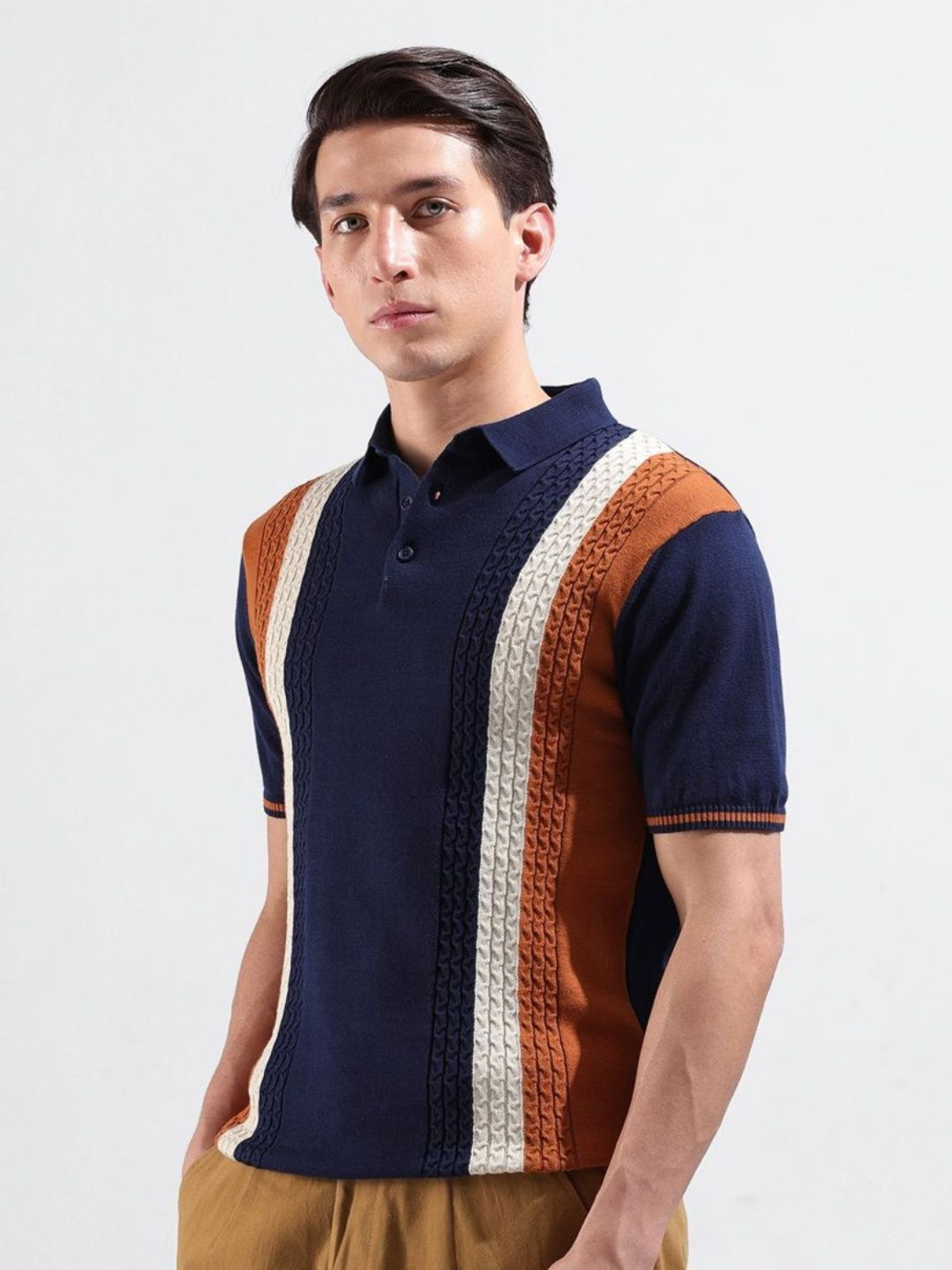 Image of The Indian Garage Co. Self Design Men Polo Neck Blue T-Shirt