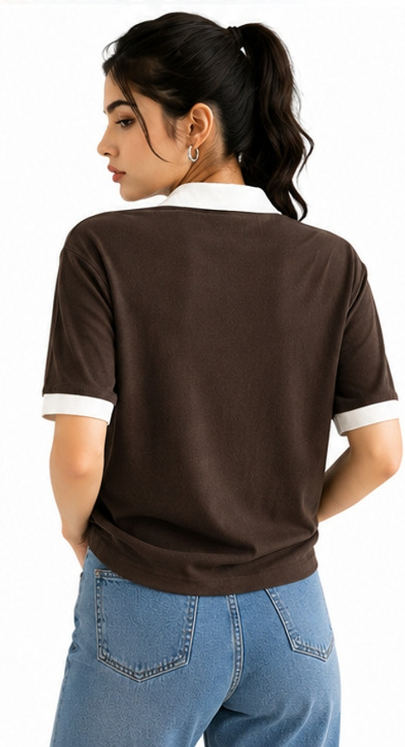 Image of Black Buddy Solid, Self Design Women Polo Neck Brown T-Shirt