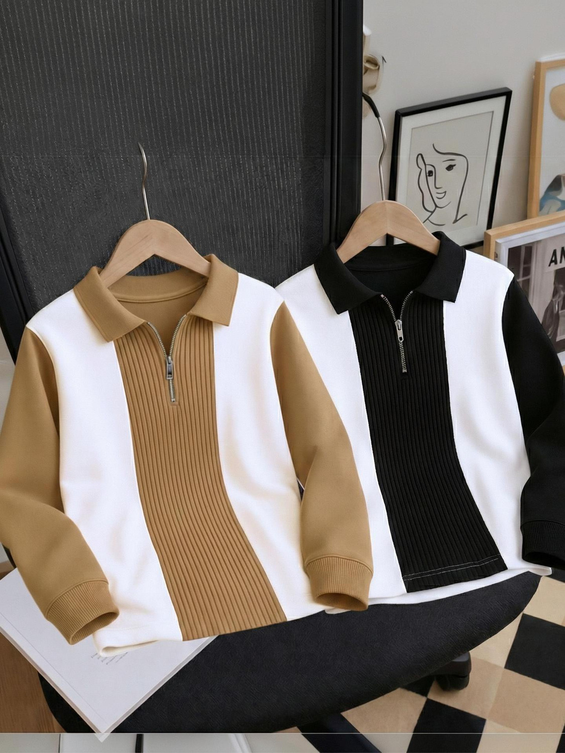 Try This Striped Men Zip Neck Black, Brown, Multicolor T-Shirt